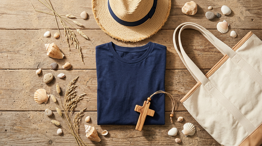 Coastal Christian gift flat lay with tee, hat, tote, and wooden cross