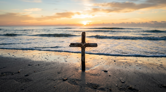 Driftwood cross on the beach at sunrise with ocean waves