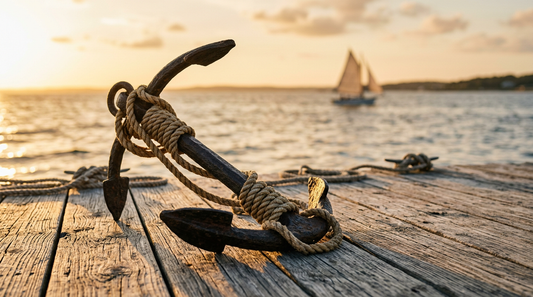 Anchor rope on a wooden dock at golden hour with a sailboat in the distance