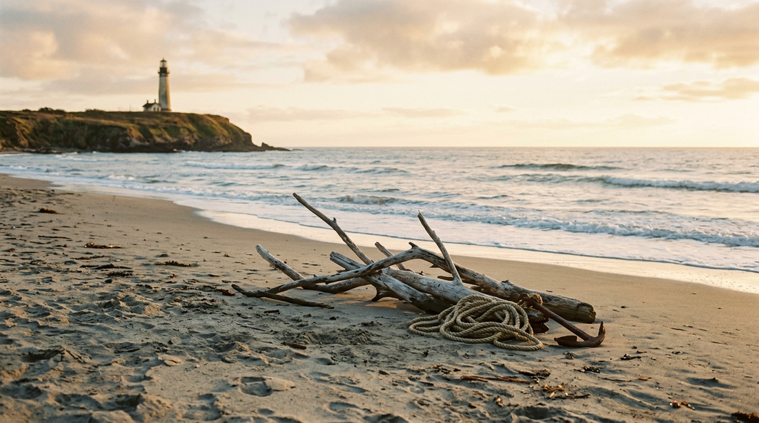 Golden-hour beach with driftwood, rope, anchor, and lighthouse