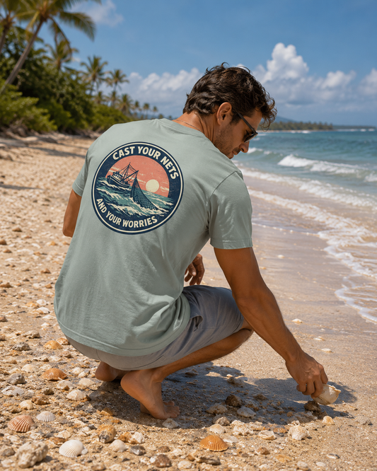 Cast Your Nets and Worries Christian Beach T-Shirt