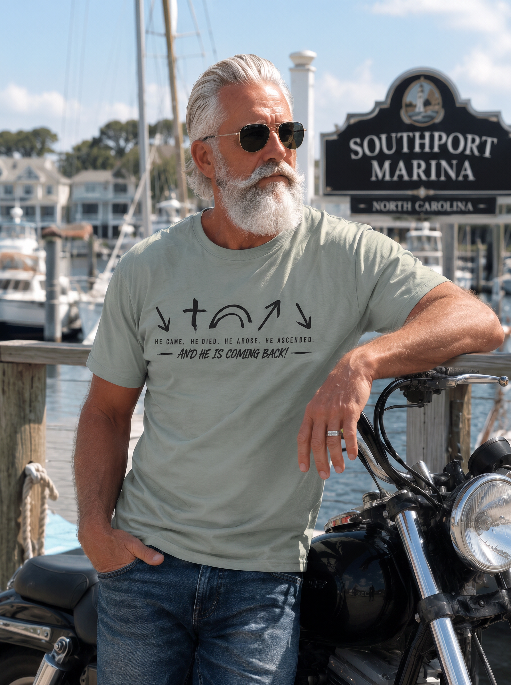 Man wearing The Five Gospels Tee at Southport Marina
