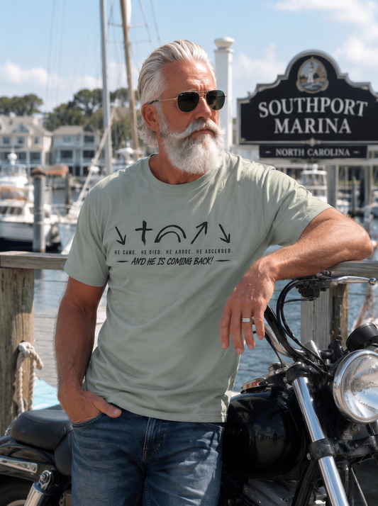 Man wearing The Five Gospels Tee at Southport Marina